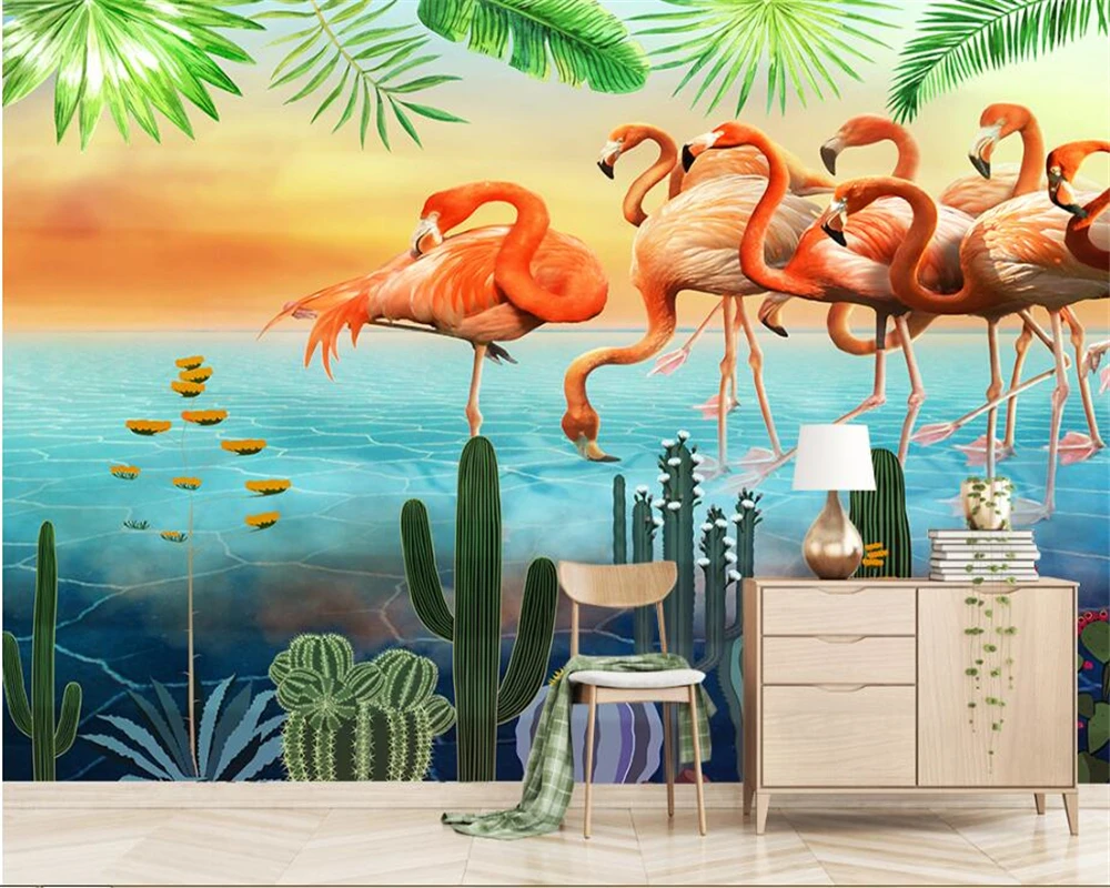 Custom size wallpaper murals modern hand painted palm leaves flamingo wall A variety of high quality 3d wallpaper murals