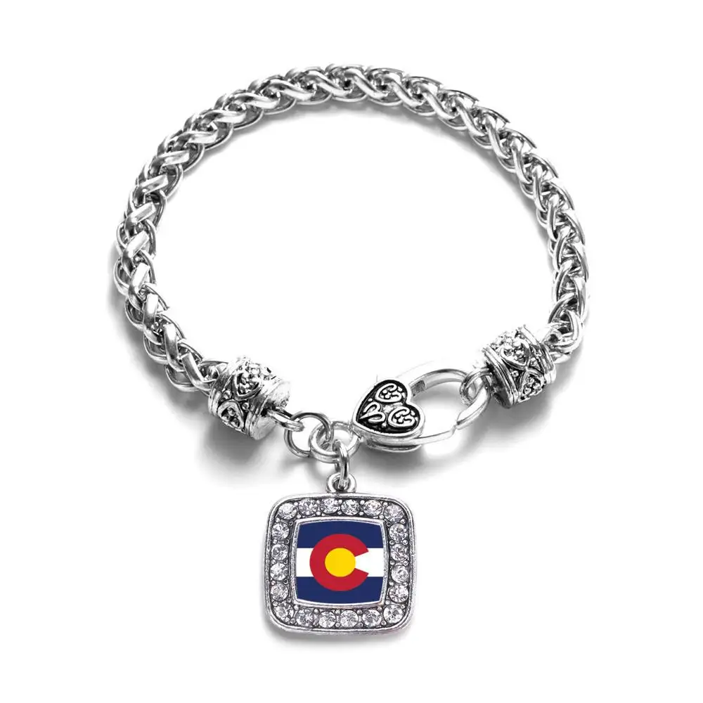 COLORADO FLAG SQUARE CHARM  ANTIQUE SILVER PLATED CRYSTAL JEWELRY