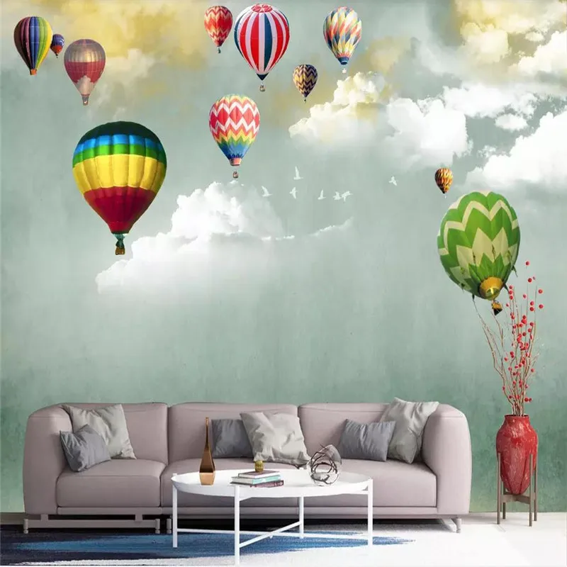 3D wallpaper beautiful sky white clouds hydrogen balloon background wall professional production mural photo wallpaper