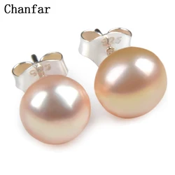 Chanfar Pink White Real Nature Freshwater Pearl Earrings Of Sterling Stud Earring For Women Elegant Pearl Jewelry 8mm