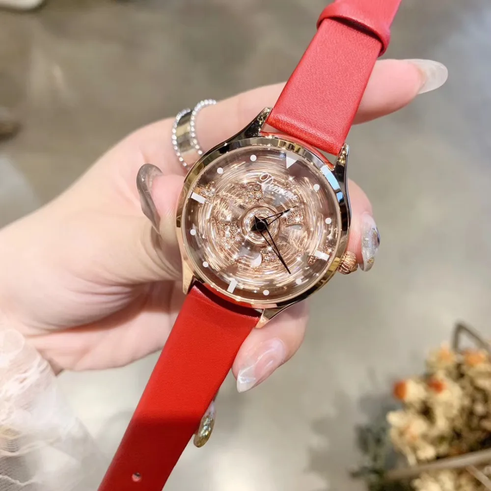 

GOOD LUCK Rotating Watches for Women Sweet Hearts Flower Spinning Wrist watch Waterproof Real Leather Quartz Watch Transparent