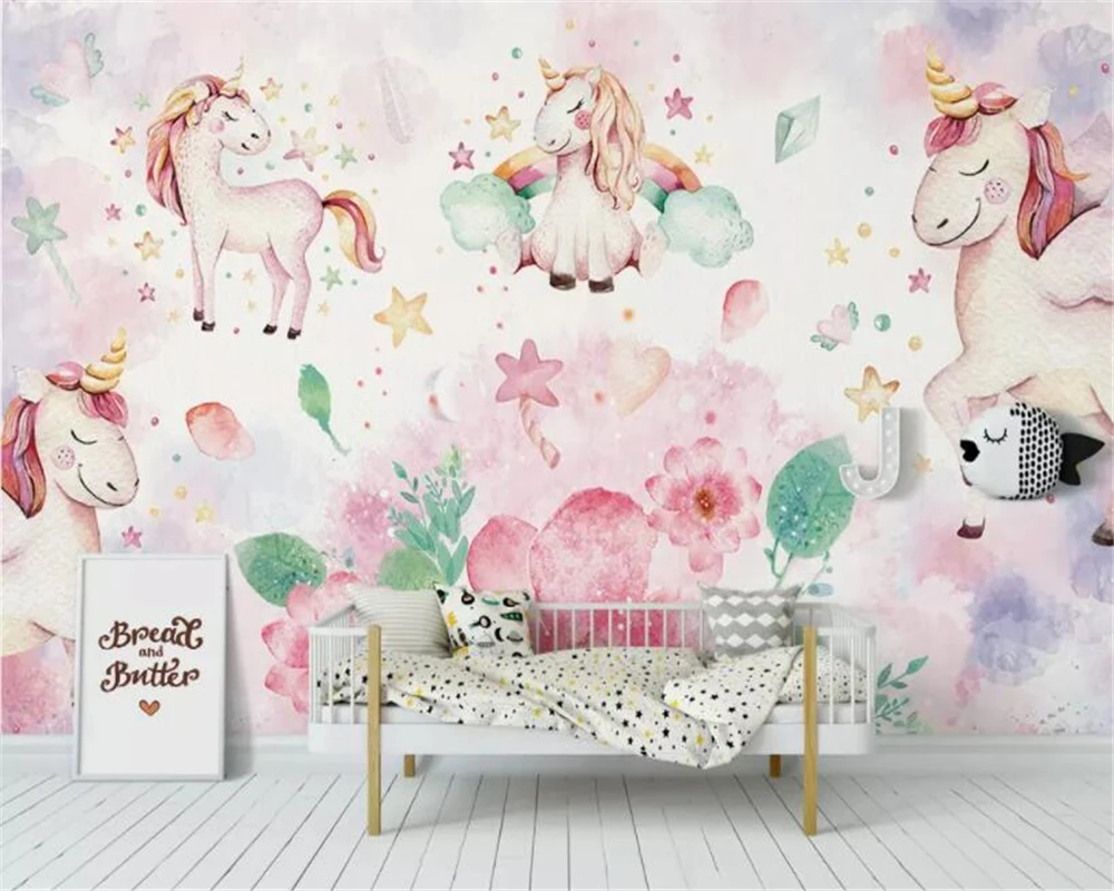 

Beibehang Custom Wallpaper Modern Pink unicorn flower children's room background wall papel de parede wallpaper for kids room