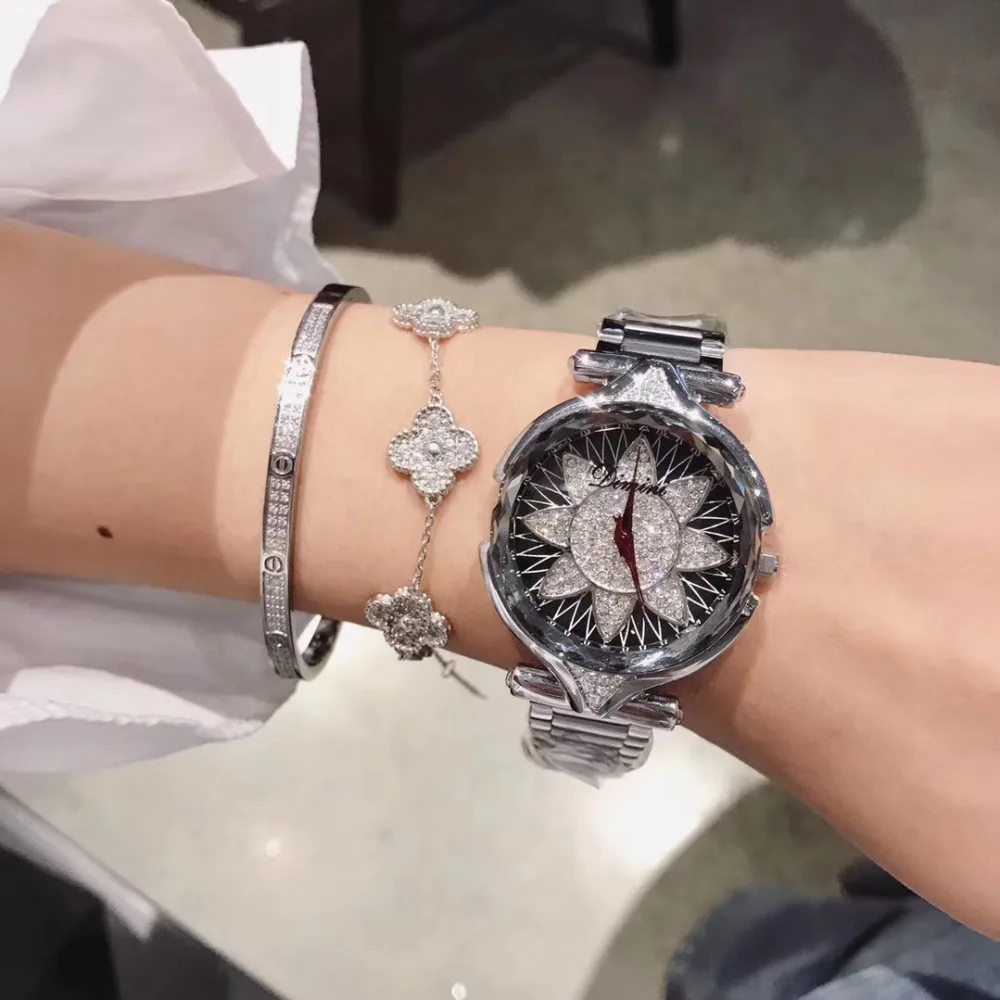 Brand Fashion Women Full Steel Watches Sunflower Crystals Wristwatch Multi Faceted Glass Waterproof Bracelet Watch Analog Montre