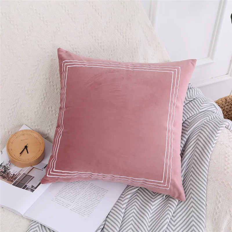 Solid Home Decorative Velvet Cushion Cover Vintage Embroidery Pink Purple Mint Grey Blue Pillow Case for Home Sofa Bed  45x45cm