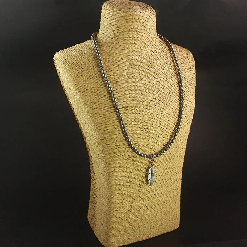 Natural Stone Pyrite Faced Round Beads 4mm Disco Ball Necklace with Alloy Leaf Pendant Fashion Jewelry