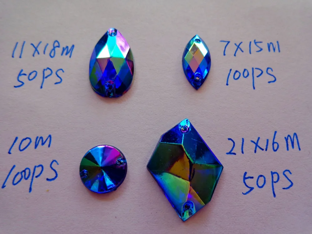 Big promotion 300pcs mixed shape size sew on rhinestones deep blue AB colour Acrylic Crystal loose Beads hand sewing strass