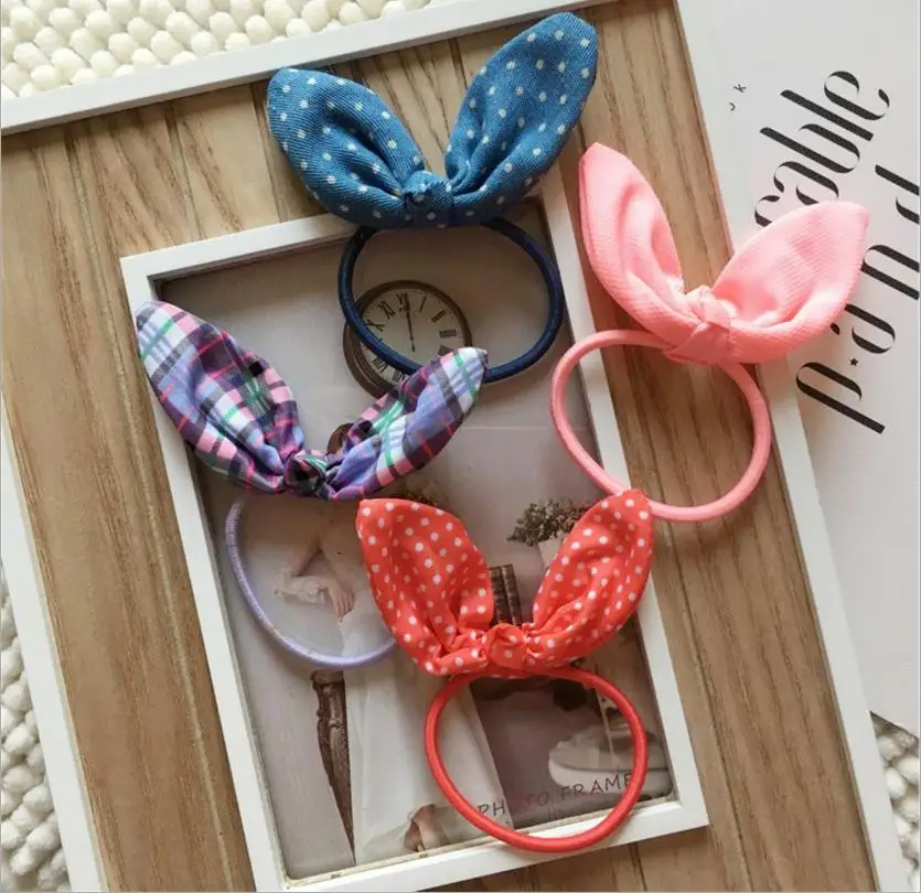 

2/4pcs Korean fashion Cloth rabbit ear elastic Rubber bands kids Dot hairbands headdress multi-styleGirls Hair Ropes Hairband Q8