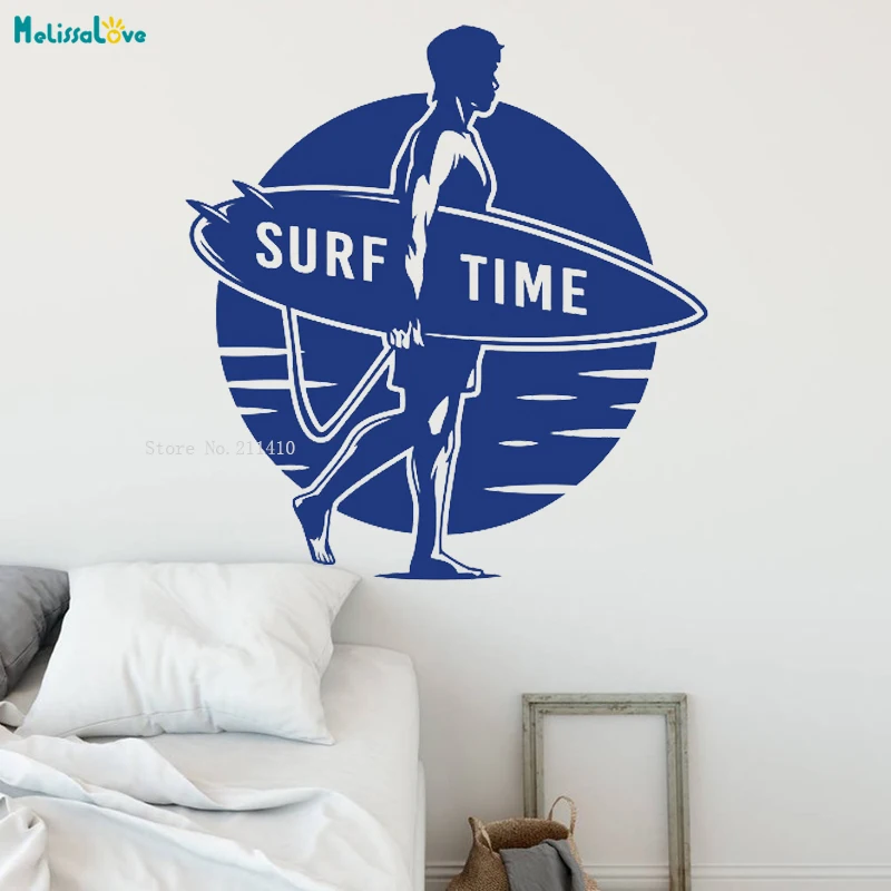 Surf Time Wall Sticker Man with Surfboard Conquer the Ocean Extreme Sports Decor Self-adhesive Cool Art Murals Vinyl YT1764