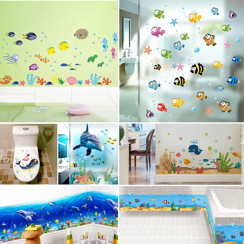 Autocollants muraux dessin animé poisson Sealife pour chambre d\'enfants salle de bains décoration de la maison imperméable Animal plinthe murale Art