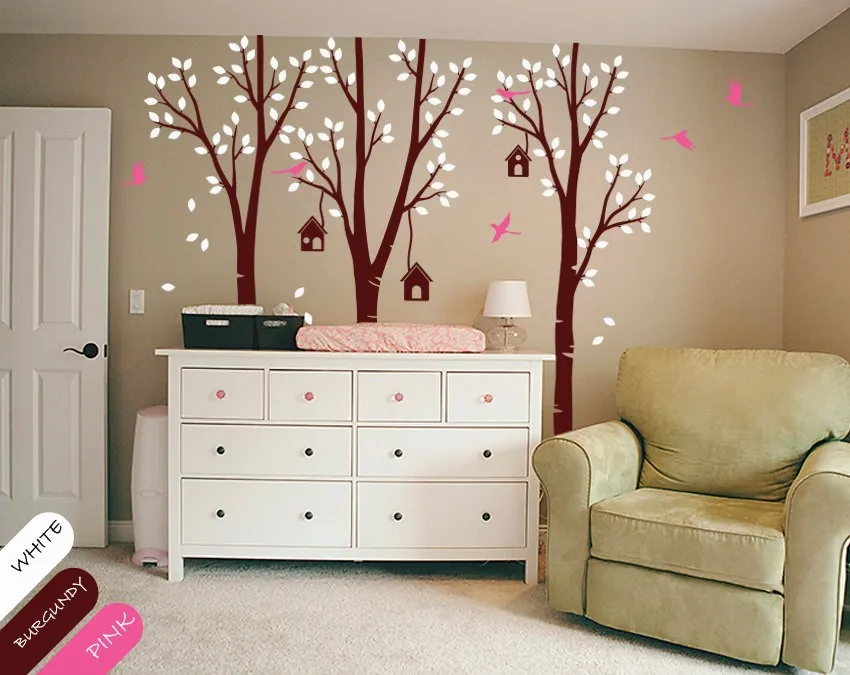 Cute Nursery Baby Room Sweet Decorative Wall Sticker Parted Nursery Trees With Birdhouses Art Vinyl Wall Mural Wall Decal Wm-585