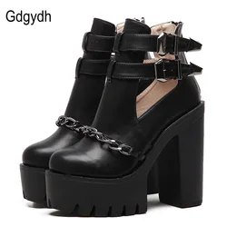 Gdgydh Spring Autumn Fashion Ankle Boots for Women High Heels Casual Cut-outs Buckle Round Toe Chain Thick Heels Platform Shoes