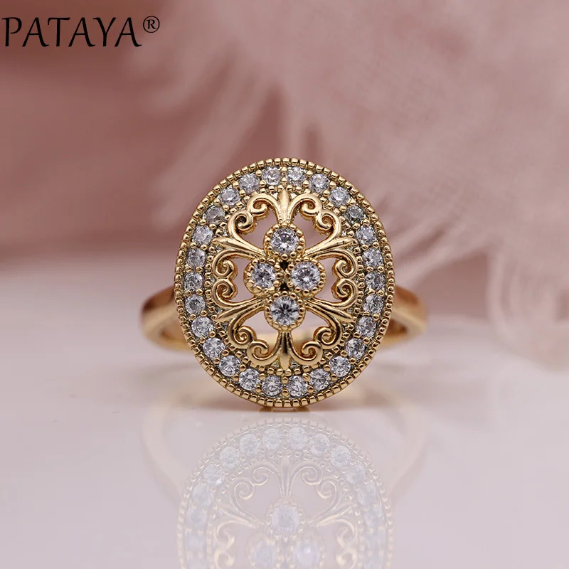 PATAYA New Micro Wax Inlay Hollow Rings Women Wedding Fine Fashion Jewelry 585 Rose Gold Color Natural Zircon Flower Oval Rings