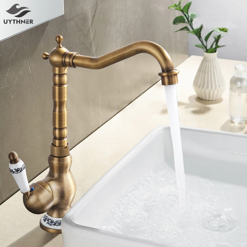 Bath Kitchen Sink Faucets Antique Brass Single Handle Kitchen Basin Faucets Deck Mounted Hot&Cold Water Mixer Basin sink Taps