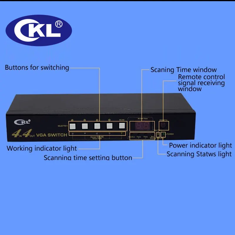 CKL-444R High-end Kotak VGA Beralih Splitter dengan audio 4 in 4 out 2048*1536 450 MHz untuk PC Monitor wih IR Remote Kontrol RS232