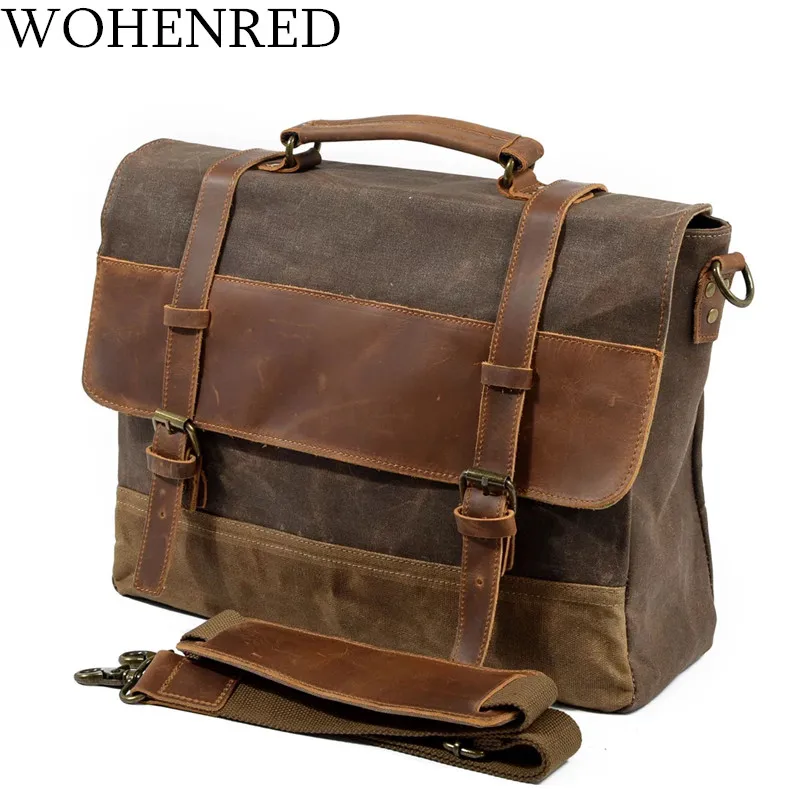 Men Business Briefcase Computer Laptop Bag Retro Waterproof Waxed Canvas Satchel Large Work Handbag Male Shoulder Messenger Bag