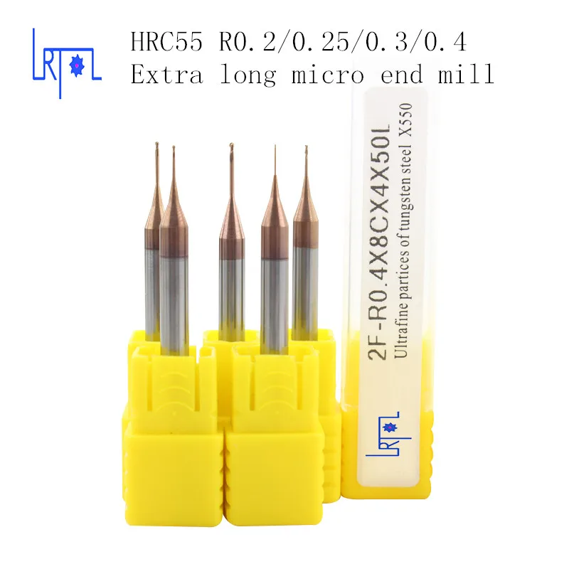 HRC55 R0.2 R0.25 R0.3 R0.4*4*50mm Micro extra long ball nose Solid Tungsten Carbide Long neck End Mill for CNC machine