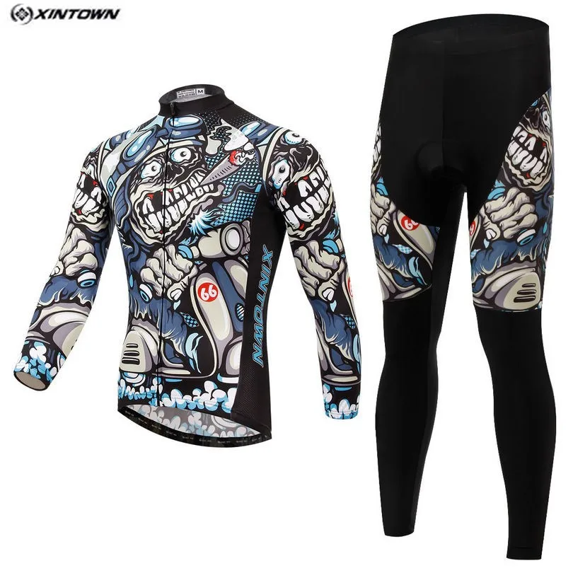 Hot XINTOWN Men Skull Gray MTB Bike jersey Bib Pants Sets Cartoon Pro Team Cycling clothing Riding Wear Long Sleeve Shirts