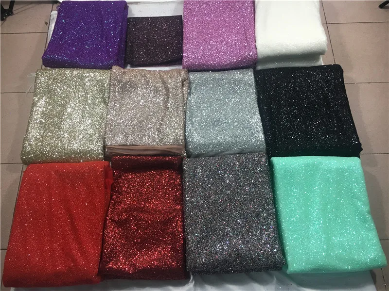 12 colors option JRB-102136 African French tulle lace fabric glued glitter lace fabric with shinny glitter  for wedding dress