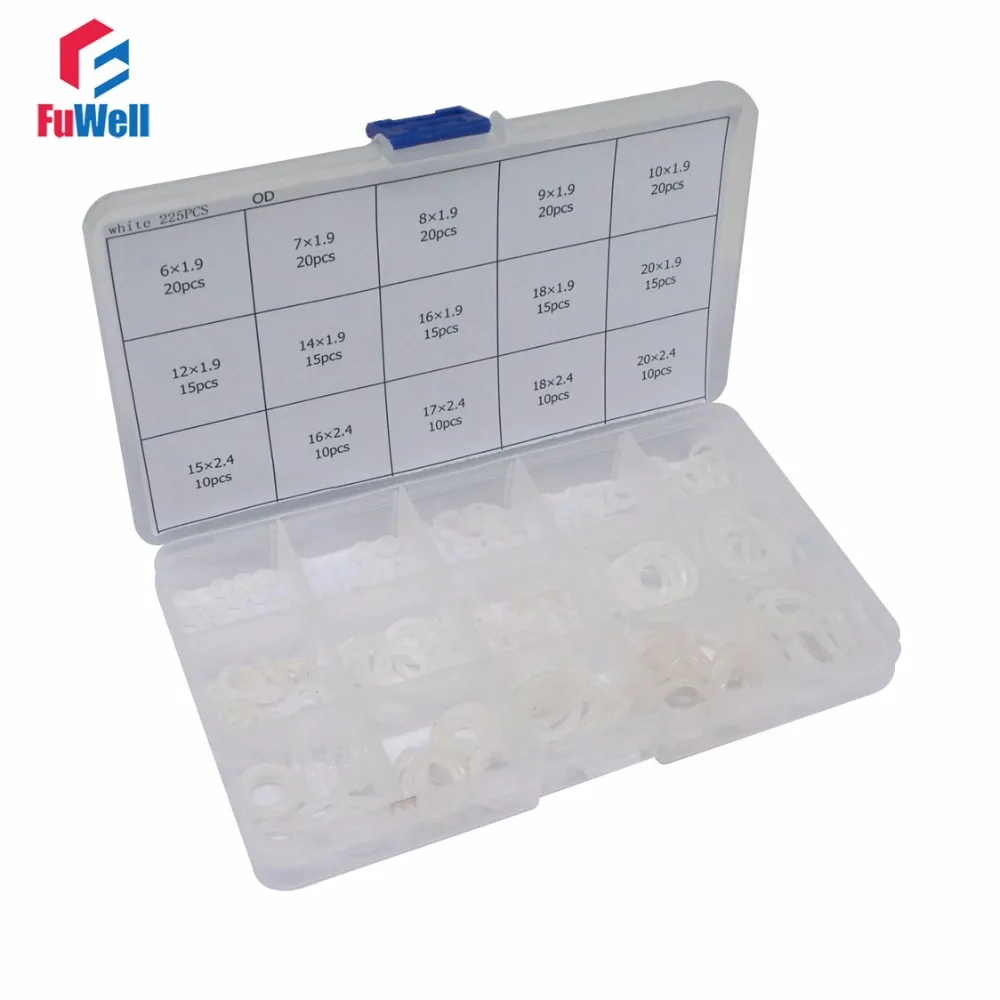 225pcs White Silicon O Ring Seal Kit 15 Different Sizes O-ring Sealing Set Washer Gasket Assortment With Case