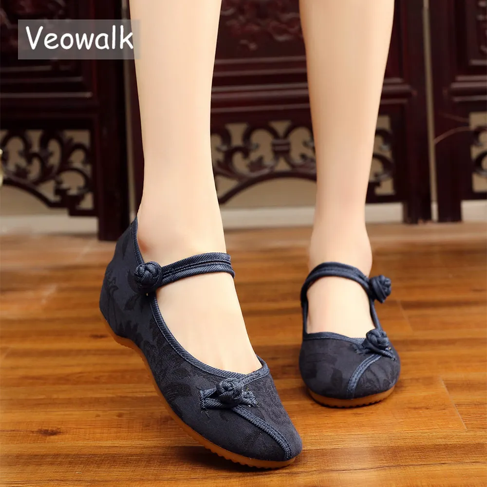 Veowalk Chinese Style Women Jacquard Cotton Fabric Embroidered Ballet Flats Elegant Ladies Casual Comfort Canvas Walking Shoes