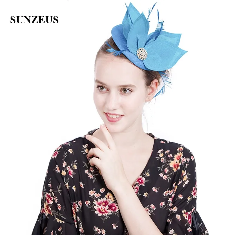 Linen Leaves Bridal Hats Turquoise Girls Party Hair Accessories with Hair Pins Feathers Fascinatros sombrero boda azul SH71