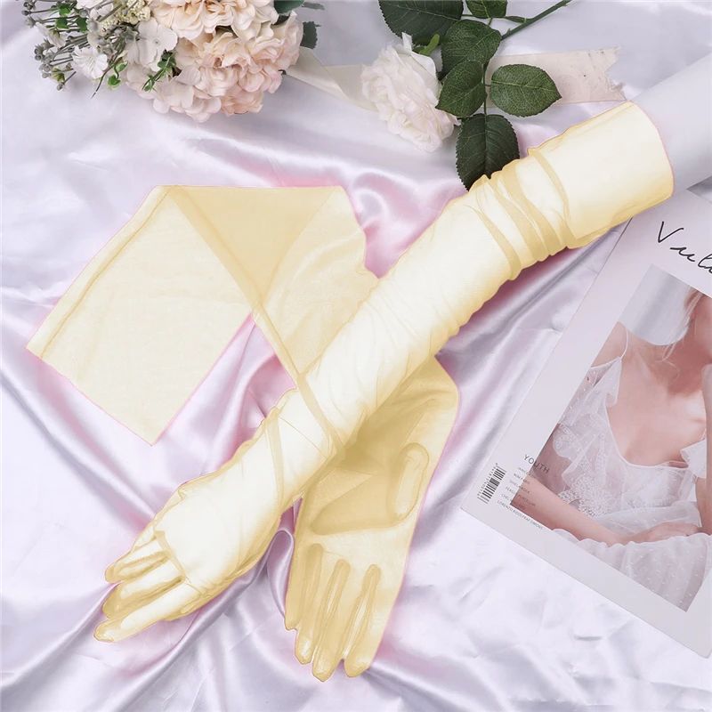 YiZYiF Women Sheer Tulle Gloves Transparent Full Finger Elbow Long Gloves Mittens Party Photography Accessory Sexy Long Gloves