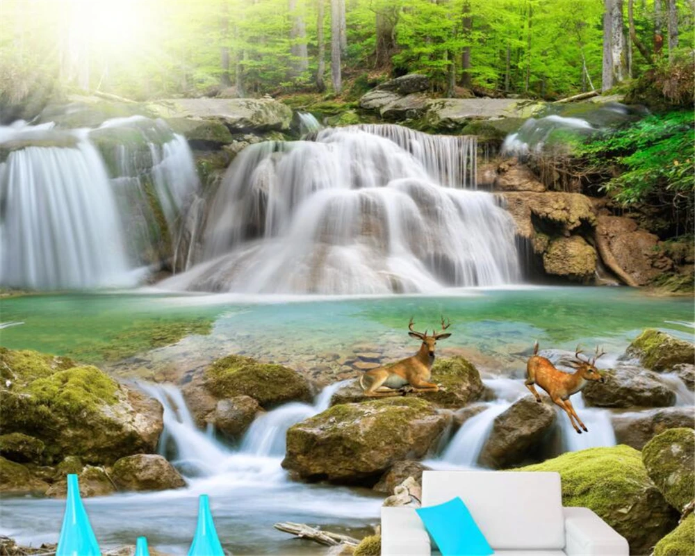 

Custom 3D Wallpaper Natural Forest Waterfall deer Creek Landscape Painting TV Background Wall wall paper home decor beibehang