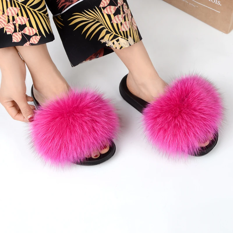 ZDFURS 2019 Fashion Fox Fur Slippers  Real Fur Slides Summer Flip Flops Casual Vogue Fox Fur Sandals Vogue Plush Shoes Wholesale