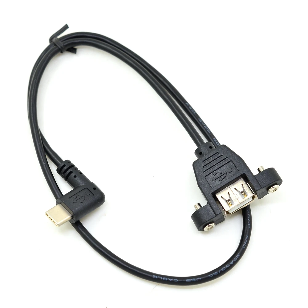 50CM Elbow USB 3.1 Type-C Male angled to USB 2.0 Type-A Female Panel Mount Cable 0.5m Screw design helps 28mm