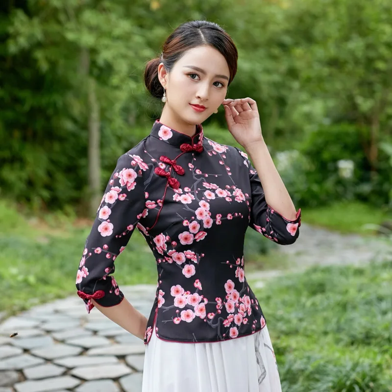 

SHENG COCO S-4XL Plus Size Black Flowers Qipao Blouse Satin Traditional Chinese Style Cheongsam Shirts Plum Printing Qipao Top