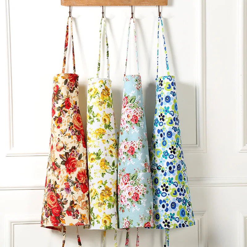 

20pcs Unisex Floral Canvas Apron Waterproof Sleeveless Apron Home Kitchen Cooking Apron with Pockets Kitchen Tool WB233