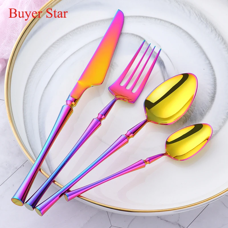 New 4-Piece Rainbow Cutlery Set Stainless Steel  Flatware Set Dinner Fork Knife Scoop Teaspoon Western Food Tableware Set Gift