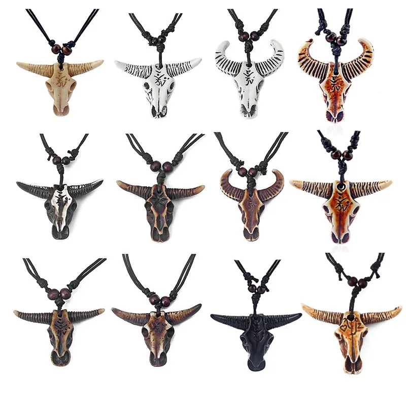 12PCS Ethnic Tribal Imitation Yak Bone Carving YOGA Symbol Bull Skull Head Pendant Necklace Jewelry 17-33inch Adjustable