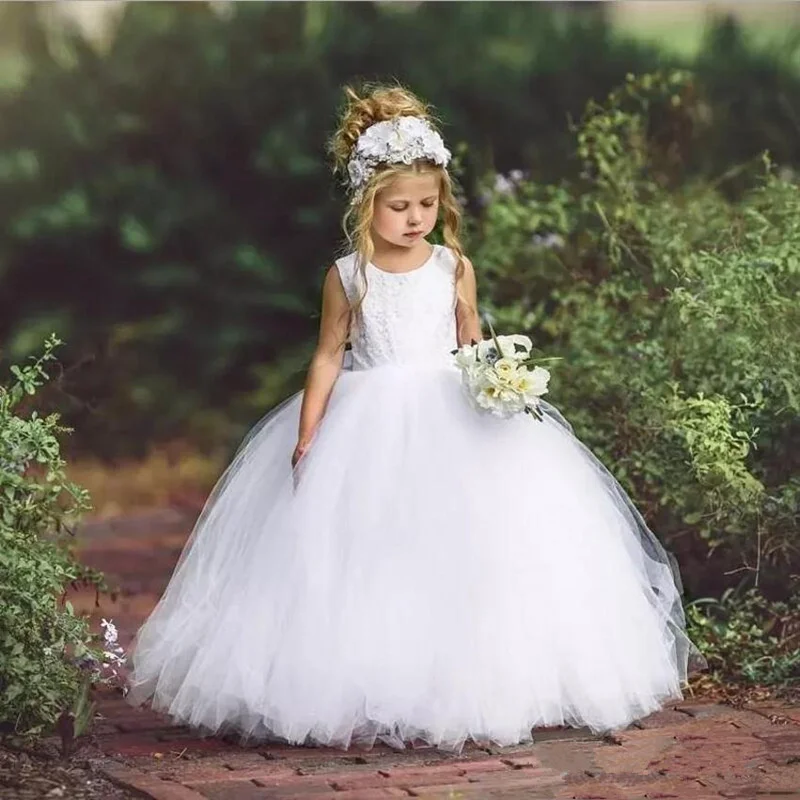 Vestido formal de primeira comunhão infantil, elegante, branco, flores, tule, sem mangas, para casamento, festa, vestido