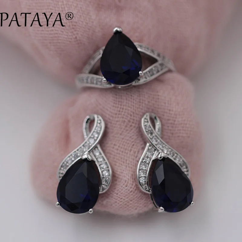 PATAYA New Jewelry Sets True White Gold Color Light Blue Natural Cubic Zirconia Ring Earrings Sets Wedding Accessories Jewelry