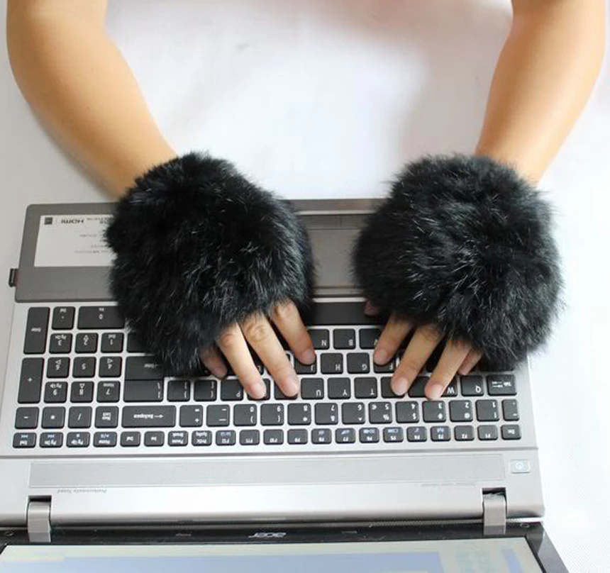 Winter Soft hand knitting rabbit fur Fingerless Half Cuff Gloves elastic 3 color