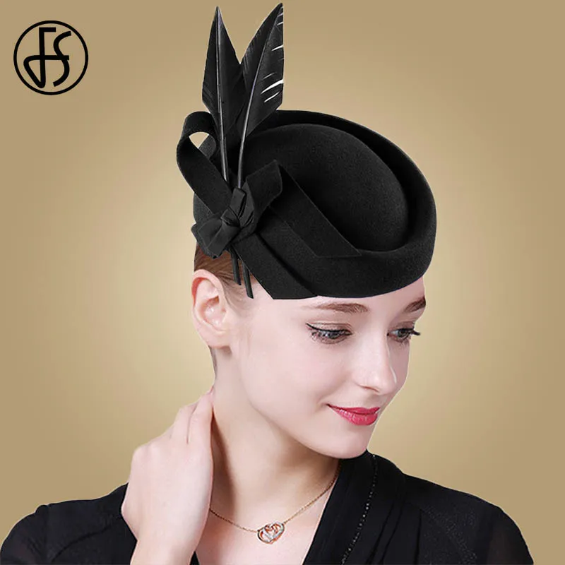 FS Royal Blue Women Feather Hat Fascinator For Wedding Black Wool Fedoras Felt Hats Elegant Lady Derby Church Party Hats