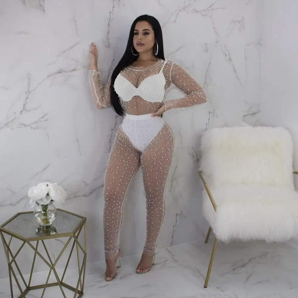 Bkld-macacão feminino com perolização, manga longa, ver através, bodycon, festa, verão, 2019