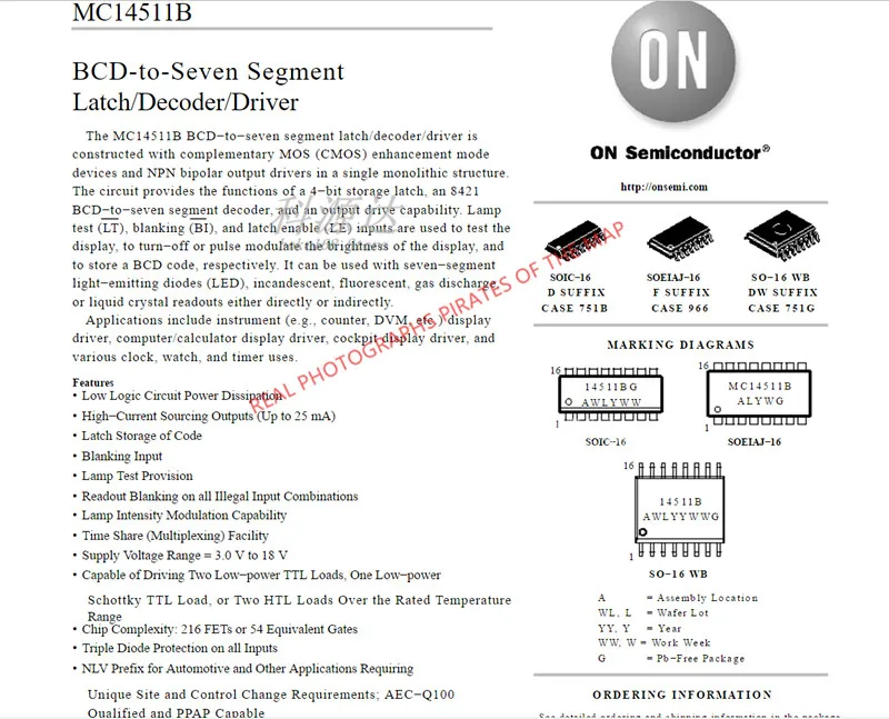 개/몫 MC14511BDR2G SOP16 MC14511BG 14511BG 재고 있음