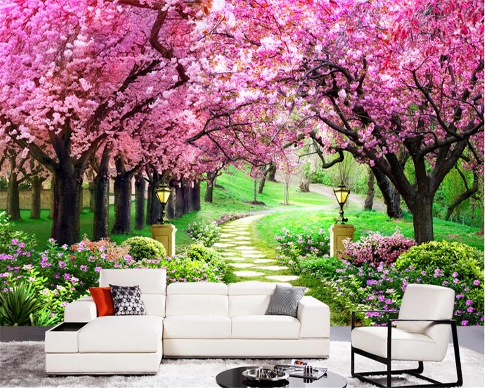 

beibehang Personalized Fashion Beauty Wallpaper Cherry Blossom Garden Path Landscape Interior Background wall papers home decor