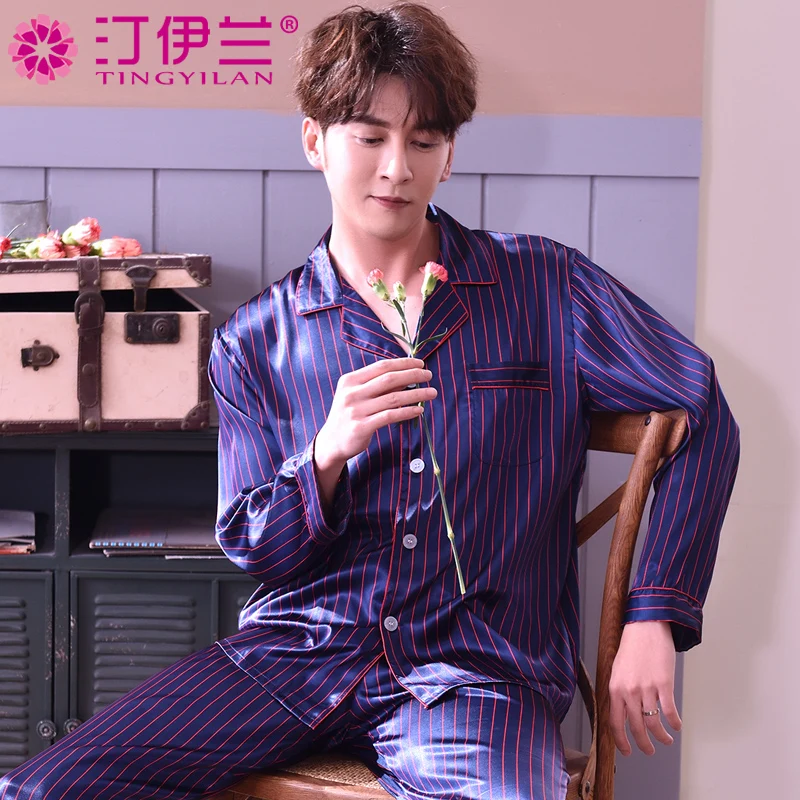 

Men's Silk Sleepwear Long Sleeve Homewear Adult Leisure Nightwear Students Sleepsuit Plus Size Silk Nightsuit Men Pijama J002