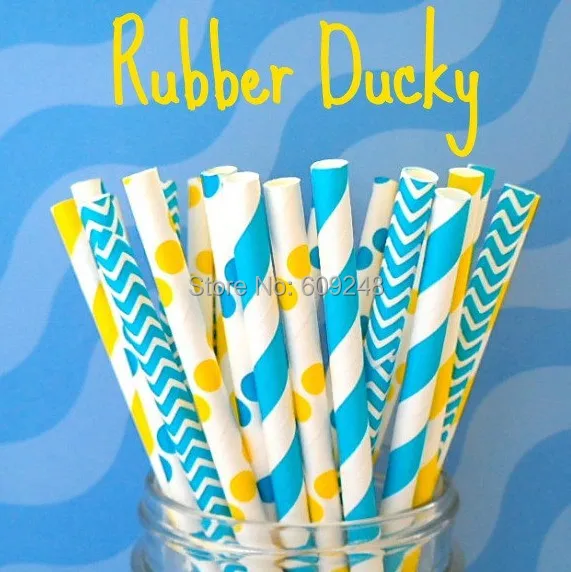 125 Pcs Mixed Colors Rubber Ducky Blue and Yellow Party Paper Straws Striped Chevron Polka Dot Birthday Wedding Baby Shower