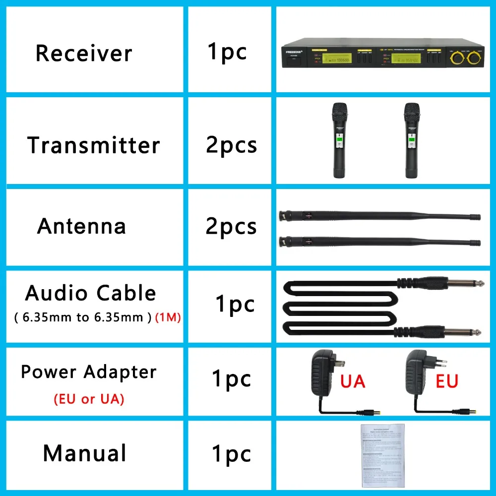 FREEBOSS UHF Wireless Microphone System 2 vie 100 canali frequenza IR Wireless Dynamic Mic FB-U12 per Home Karaoke KTV Party
