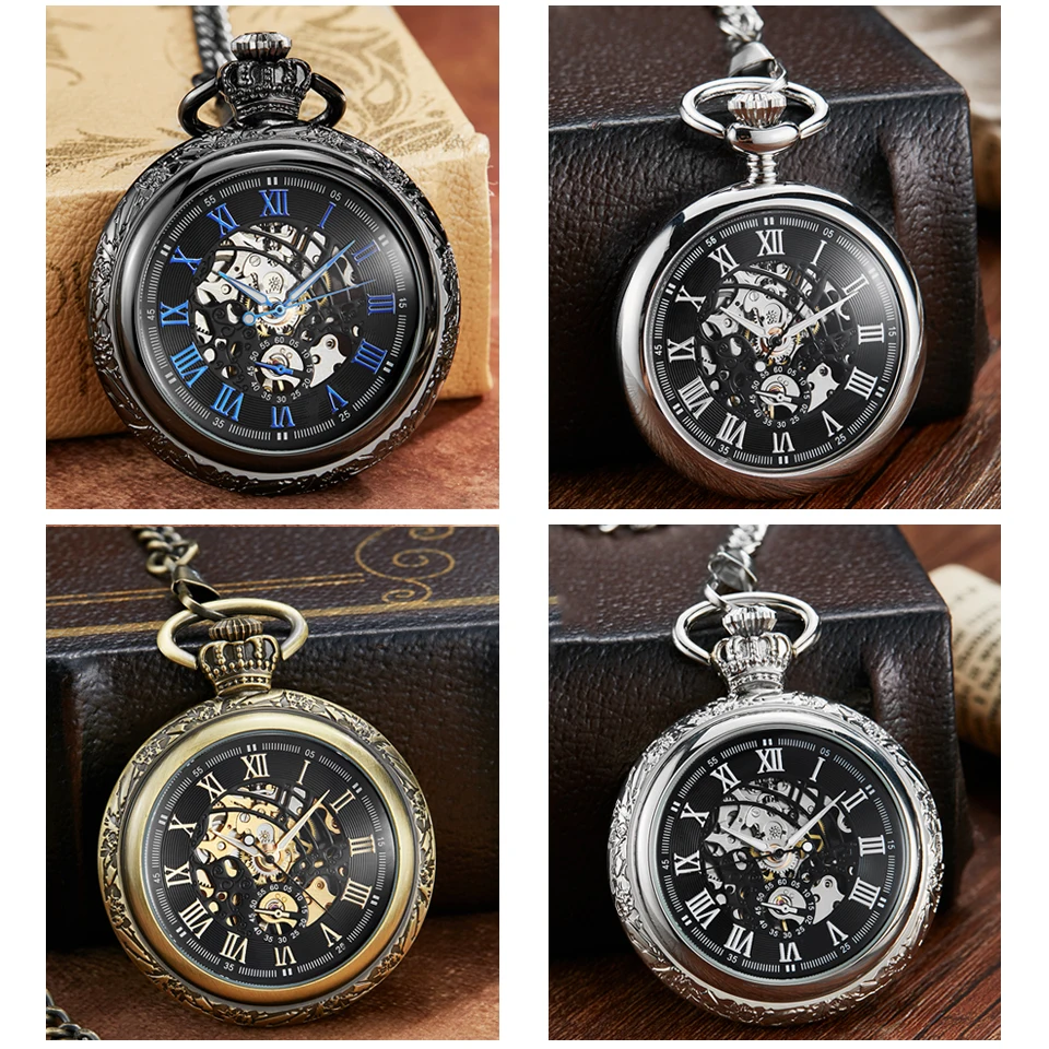 Bronze Mechanische Taschenuhr mit Kette Handaufzug Fob Uhr ohne Batterie Uhr Männer Splitter Römischen Zahlen Gravierte Uhr