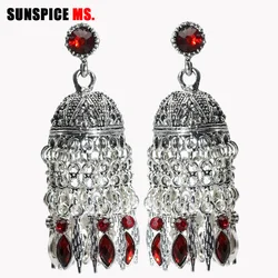 Sunspicems Retro Vintage Bohemia Ethnic Wedding Earrings Women Long Tassels Antique Silver Color Chain Earring Indian Jewelry