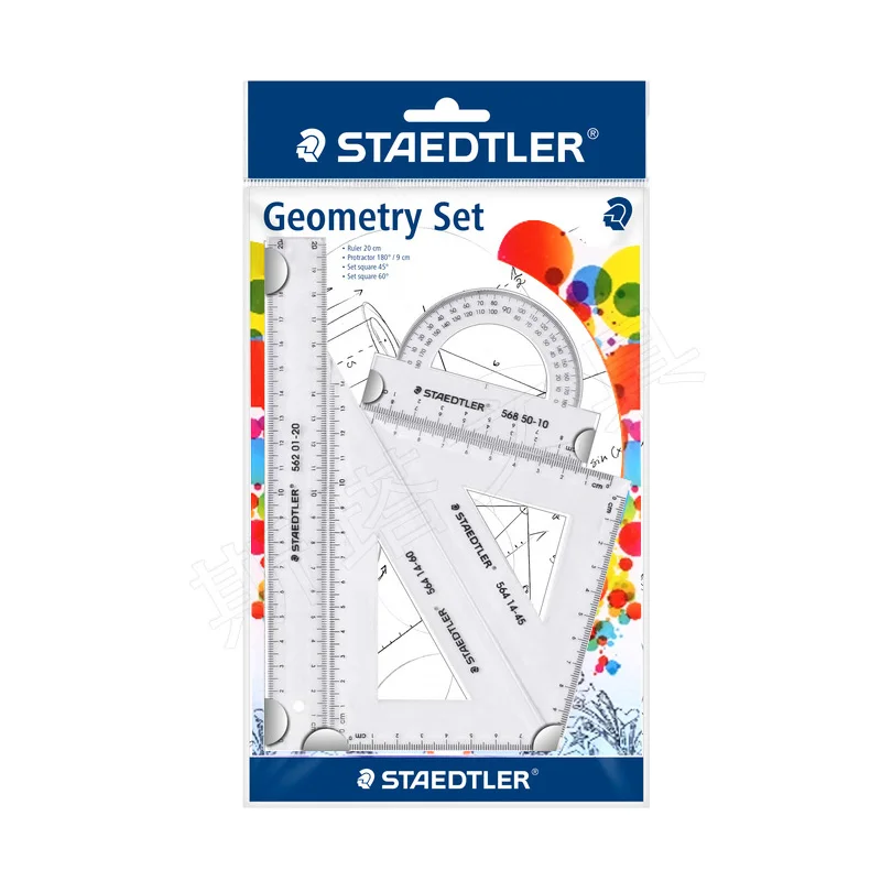 STAEDTLER สีนักเรียนสี่ชิ้นชุดไม้บรรทัดสามเหลี่ยมแผ่นเครื่องวัดมุม