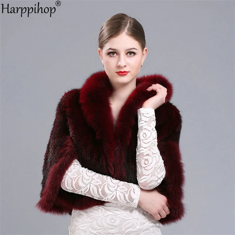 

genuine mink fur knitted wine red coat Russian women's winter real mink fur shawl/poncho with real fox fur collar