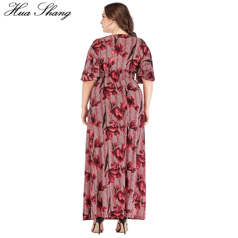 Plus Size Dress Summer 2023 Women V Neck Flare Short Sleeve Floral Print Vintage Dress Elastic High Waist Tunic Beach Dresses