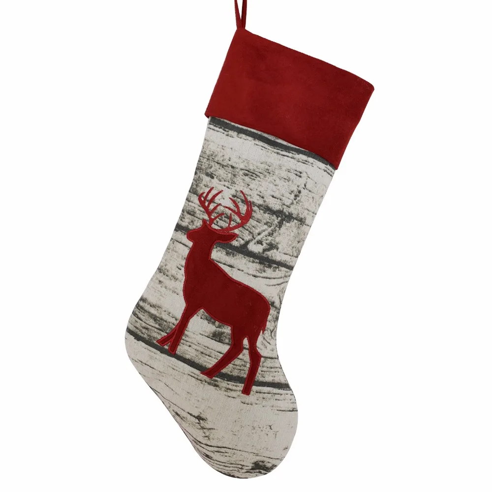 Sorrento Printed Christmas stocking with Reindeer Applique Embroidery Socks red suede Cuff Christmas Stocking 10*19inch