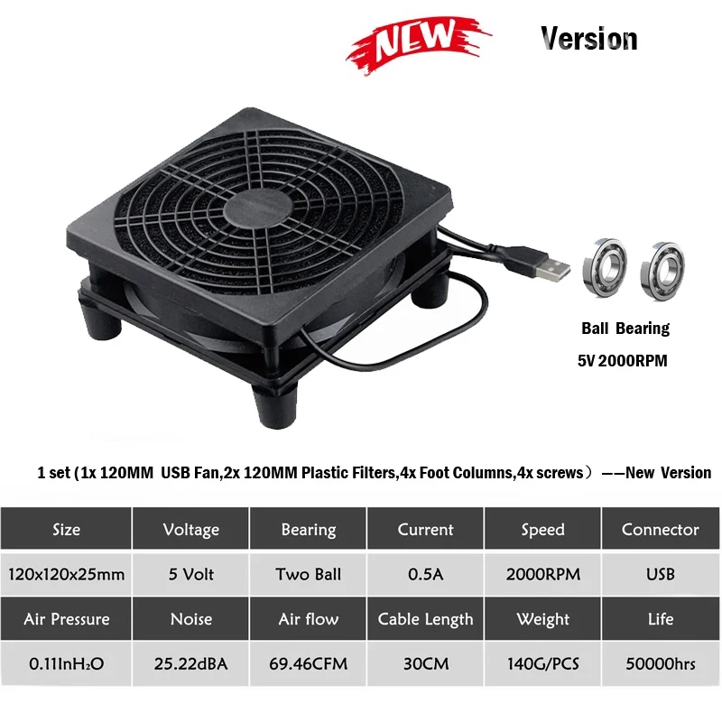 2 chiếc Gdstime Bi 120 MM Beraing TIVI BOX PC Router Không Dây Quạt Tản nhiệt 120x120x25mm USB 5 V 2000 VÒNG/PHÚT DIY Cooer Quạt